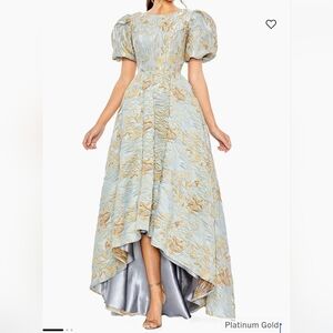 NWT MAC DUGGAL Puff Sleeve Brocade Gown Light Blue Hi Low Hem Size 14